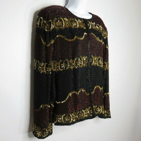 Lawrence Kazar Vintage Beaded Sequined Black Gold Red Silk Blazer Jacket Size M - Picture 3 of 10